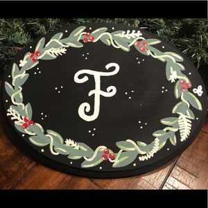 Christmas hand-painted wooden plaque w initial F